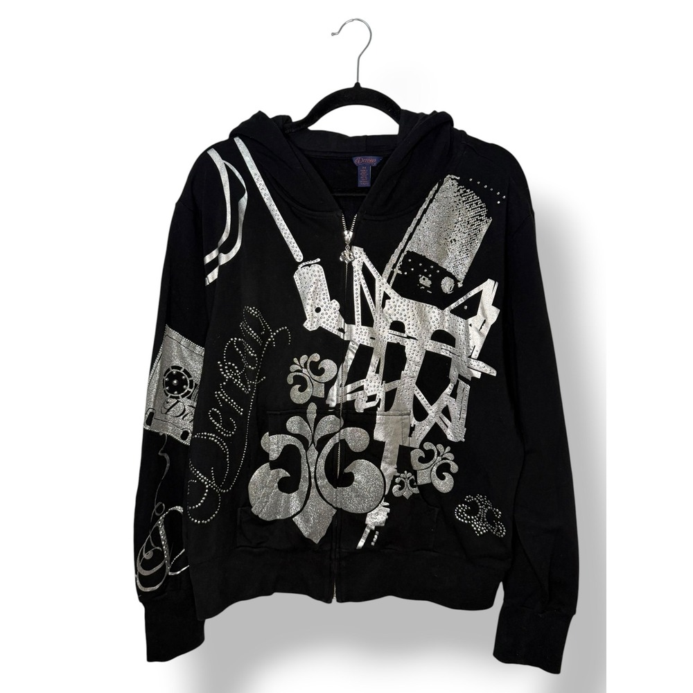 Vtg House of Dereon Beyoncé Women's 3X Black Zip Up Hoodie Rhinestones Y2K